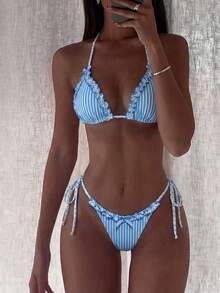 Swim Mod Bộ bikini 2 món họa tiết chấm bi ngẫu nhiên, trang trí nơ, kiểu áo ngực tam giác buộc dây cổ và quần bơi buộc dây bên hông, gợi cảm, thích hợp cho kỳ nghỉ hè/xuân ở bãi biển. - Xanh và trắng - Xem 8