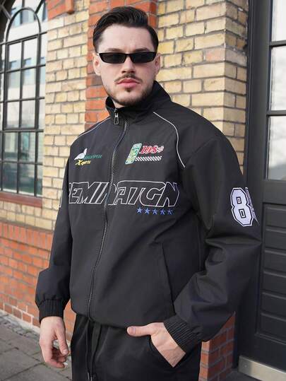 LEOGASHI LEOGASHI Men's Casual Letter Print Long Sleeve Jacket, Spring/Autumn Street Style Racing Jacket, Black Motorcycle Jacket, Long Sleeve Outgoing Designer Bomber Jacket, Street Style Version, Gift For Friends, Husband, Boyfriend