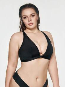SHAPORA 1pc Black Plus Size Wireless Front-Closure Triangle Cup Bra, Lift And Support For Large Bust - Black - View 7