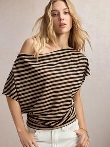 BizChic Summer Yellow & Black Striped Asymmetric Shoulder Batwing Sleeve Cinched Waist Women's T-Shirt,Elegent Night Out Office Outfits One Shoulder Tops - Multicolor - View 6