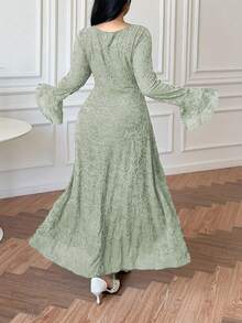 Vibekara Plus Size Women Lace Sweetheart Neck Cinched Waist A-Line Dress - Olive Green - View 2