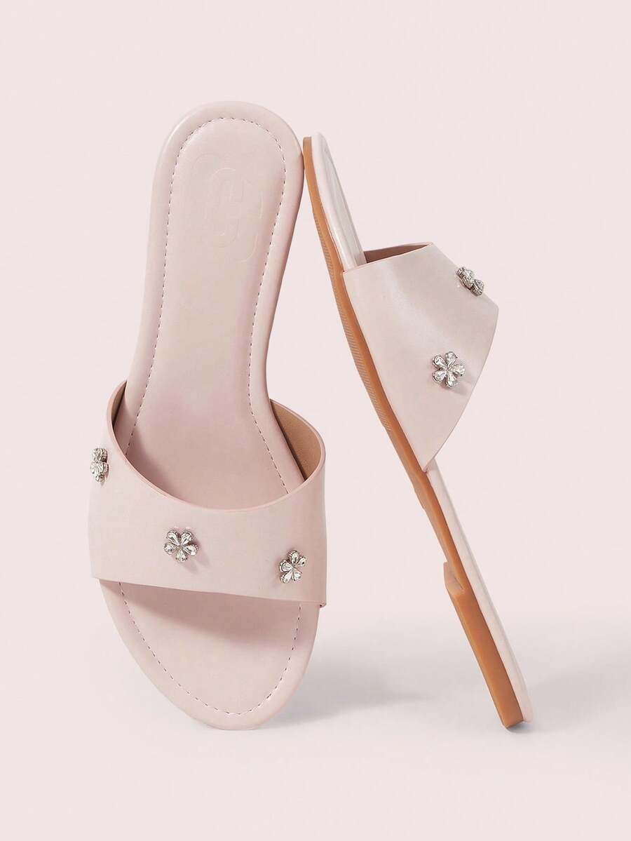 CUCCOO DOLLMOD Sandalias planas cómodas de color rosa para damas, sandalias planas con pequeña flor de metal y rhinestone con estilo dulce - Rosa - Ver 1
