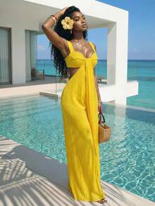 Slaydiva 2026 Spring/Summer New Vacation Yellow Boho Textured Camisole With Wide-Leg Cutouts Women Jumpsuit.Suitable For Everyday Outings, Boho , Travel, Beach, Western, Nomadic, Dating, Parties, Shopping, Afternoon Tea, Vacation, Trip, Concert, Airport Outfit, Brunch Outfit, Club-A Yellow Dress Maxi Elisanya Yellow Dress For Women Beach Yellow Dress Maxi Pregnancy Yellow Outfits For Women Yellow Cover Up - Yellow - View 7