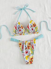 Bộ bikini hai mảnh buộc dây cổ, gợi cảm, họa tiết trái cây và rau củ, thích hợp cho kỳ nghỉ hè. - Nhiều màu - Xem 2