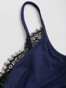 Sweetra Y2K Sexy Lace Patchwork Spaghetti Strap Wide Leg Jumpsuit - Navy Blue - View 4