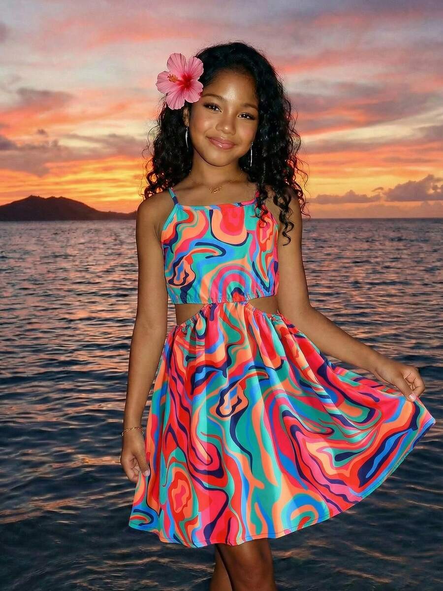 SHEIN 少女彩色印花露脐吊带连衣裙，度假风