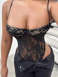 Alexandranx Bộ đồ liền thân lưới chắp vá gợi cảm cho nữ - màu đen - Xem 6