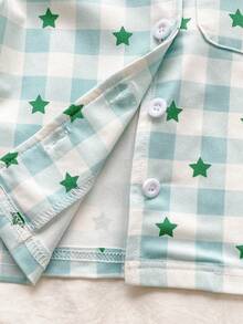 2pcs Baby Boys' Elegant Green & White Plaid And Star Print Cardigan Collar Short Sleeve Pants Comfortable Pajamas Set - Green - View 6