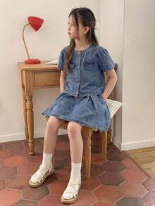 Hapijoa 少女夏季休闲短袖上衣和牛仔裙套装 - 藍色 - 查看 6