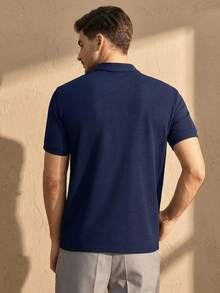 HIMLAND 男士纯色四分之一拉链 Polo 衫，适合高尔夫运动 - 藏蓝色 - 查看 2