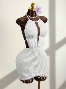 Zestiva Spring/Summer High-Selling Special Fabric Halter Tie Waist Ruched Hem Starfish & Shell Trim Dress - Multicolor - View 5