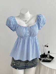 Elamini Blusa de mujer con estampado floral rosa, cuello cuadrado y volantes en las mangas, estilo de vacaciones y campo - Celeste - Ver 4