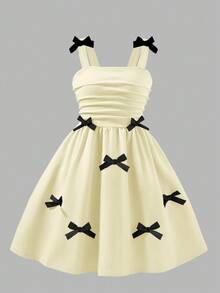 Elladie kids Elegant Solid Color Ruffled Strap Dress With Bow Decor For Tween Girls, Suitable For Party And Events In Spring/Summer Spring Dresses For Girls Girls Dress With Bows Vintage Dress For Girls - Apricot - View 4