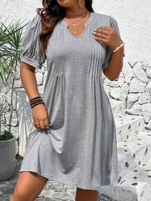 EMERY ROSE Plus Size Women Solid Color V-Neck Short Petal Sleeve Casual Dress - Grey - View 1