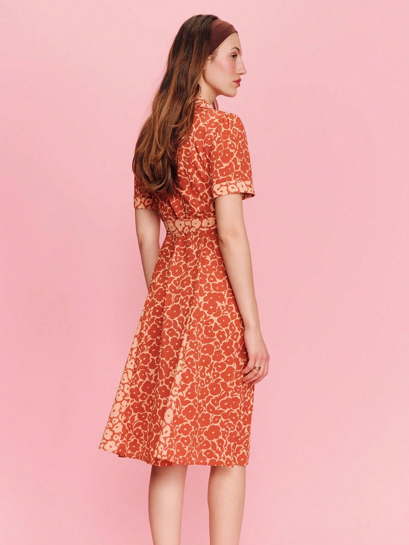 Camel Maxi Shirt Dress With White Flowers And Short Sleeves Office Dress Wedding Guest Dress Vacation Dress Floral Dress Spring Summer French Style Parisian Style Work Dress Festival Dress