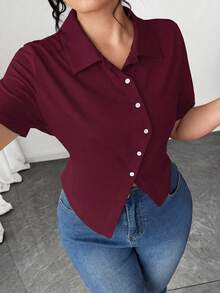 Elenzga 大码女式修身T恤，休闲夏季款 - 紅木色 - 查看 3