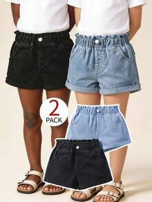 SHEIN 2入組年輕女孩黑色和藍色牛仔短褲套裝 - 淺色水洗藍 - 查看 1