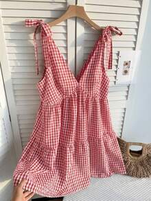 SHEIN EZwear 女士休闲度假V领红白格子系腰带加大码连衣裙 - 紅白色 - 查看 3