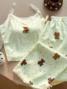 Comfortcana Bộ đồ ngủ 2 món dành cho nữ, gồm áo hai dây và quần dài in hình gấu, có áo ngực tích hợp. - màu xanh lá - Xem 4