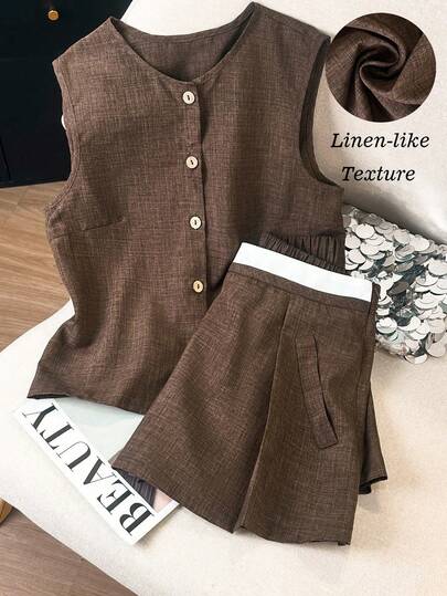 Franclia Women's Summer Contrast Color Patchwork Brown & White Retro Single-Breasted Vest Top + 2026 New Casual Skort 2-Piece Set, Summer Women's Outfit, Brown 2-Piece Suit, Beach Holiday Resort Wear, Elegant Minimalist Design Office Commute Date Outfit