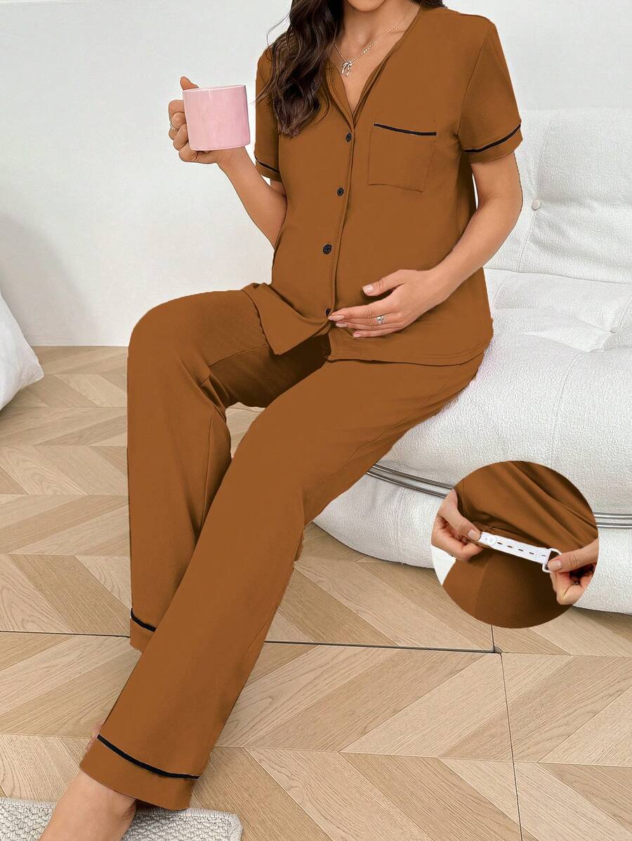 Moonlight&Mama Maternity Comfortable Front Button Short Sleeve Top And Pants Pajama Set, Summer - Brown - View 1