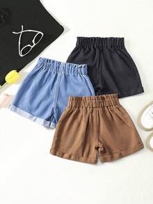 SHEIN Playful Pals 3条装女童A字牛仔短裤，夏季新款休闲时尚简约百搭，褶皱腰身，松紧腰带，双扣设计，穿着舒适，黑色、棕色、浅蓝色水洗3种颜色可选，适合度假、音乐节、学校、派对等场合。 - 彩色 - 查看 3