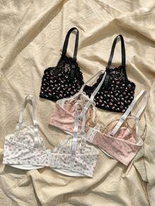 Plus 3pcs Ditsy Floral Print Contrast Lace Underwire Bra, Lingerie, Kawaii, Lift - Multicolor - View 2
