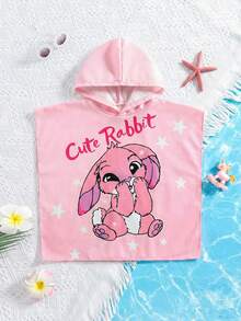 SHEIN Bubblio Babygirl Cute Casual Pink Cartoon Pattern Hooded Loose Swimsuit Cover-Up Toddler Beach Cover Up Pink Beach Cover Up Cute Rabbit Cover Up Toddler Hooded Cover Up - Multicolor - View 2