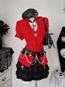 Sunspun Plus Size Mandarin Collar Ruffle Trim Casual Short Sleeve Shirt - Red - View 6