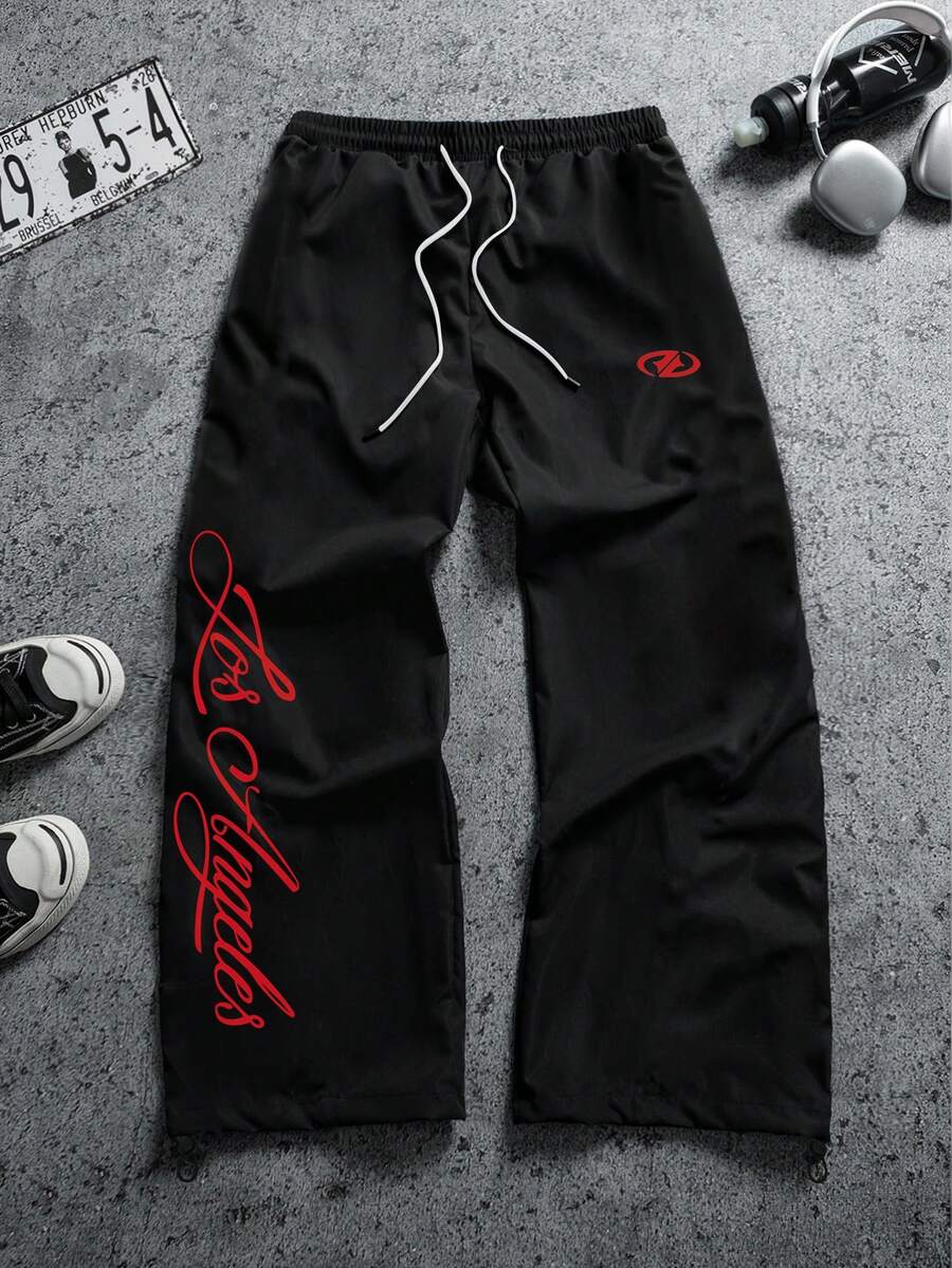 Sport MetroGents Celana Pria Kasual Serbaguna untuk Sehari-hari & Olahraga dengan Motif Huruf dan Tali Serut di Pinggang - Hitam - View 1