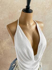 Soleia 女士度假休闲纹理针织露背无袖上衣，流苏下摆，沙滩度假装 - 白色 - 查看 3