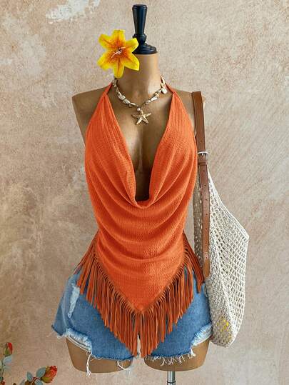 Soleia Top halter con bufanda de espalda descubierta y borlas anaranjado quemado para mujer, estilo bohemio de verano para vacaciones y playa, top vintage occidental de los años 70 para citas