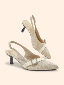 CUCCOO BASICS 女士尖头编织搭扣设计米色日常百搭时尚细高跟鞋 - 杏色 - 查看 1