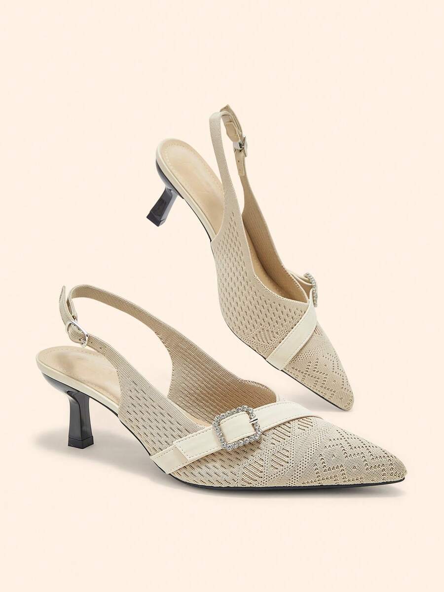 CUCCOO BASICS 女士尖头编织搭扣设计米色日常百搭时尚细高跟鞋 - 杏色 - 查看 1