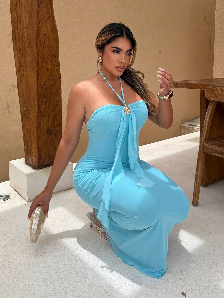 Maria Perezxox Vestido maxi de punto de malla azul romántico con escote halter, decoración de hebilla metálica y cola de pez, adecuado para fiesta, Navidad, cita, discoteca, estilo bohemio, vacaciones, otoño - Azul - Ver 1