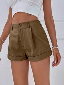 SHEIN Holidaya 女士纯色褶皱休闲百搭日常短裤 - 棕色 - 查看 6