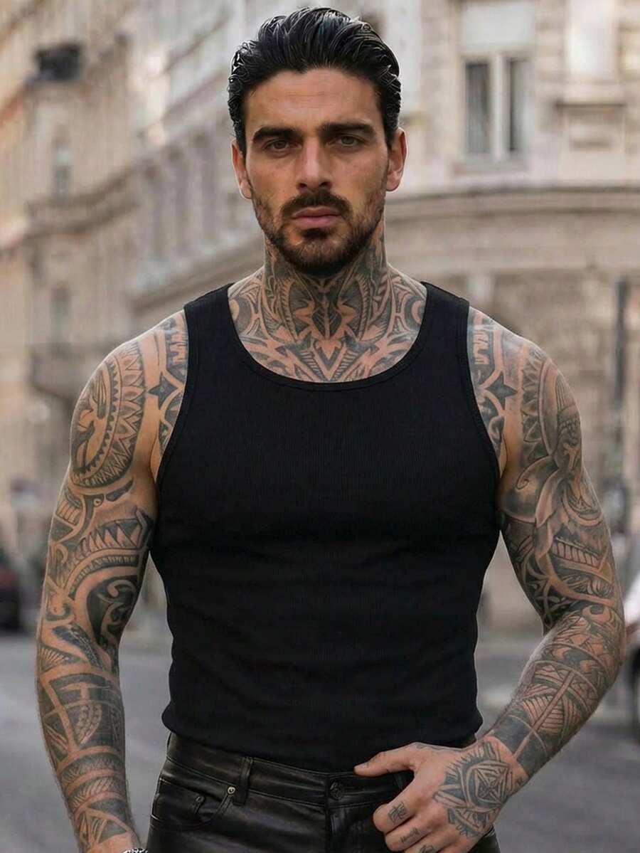 Manfinity VCAY Maiou casual pentru bărbați, culoare solidă, guler rotund, dungi, maiou casual pentru bărbați, vară, material texturat casual pentru bărbați, potrivit pentru purtare zilnică și vacanță, potrivit pentru vară, material embosat, material jacquard, cadou pentru soț/iubit, simplu, la modă, naveta, mânecă scurtă, tricou pentru bărbați, culoare solidă, guler rotund mare, tricotat jacquard, cu scobituri, maiou cu nervuri, maiou pentru bărbați, fără mâneci, maiou negru pentru bărbați