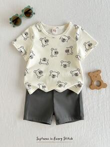Cozy Pixies 2pcs Baby Boy Truck Pattern Knit Soft Round Neck Short Sleeve Pullover Top And Solid Color Elastic Waist Shorts Set - Multicolor - View 1