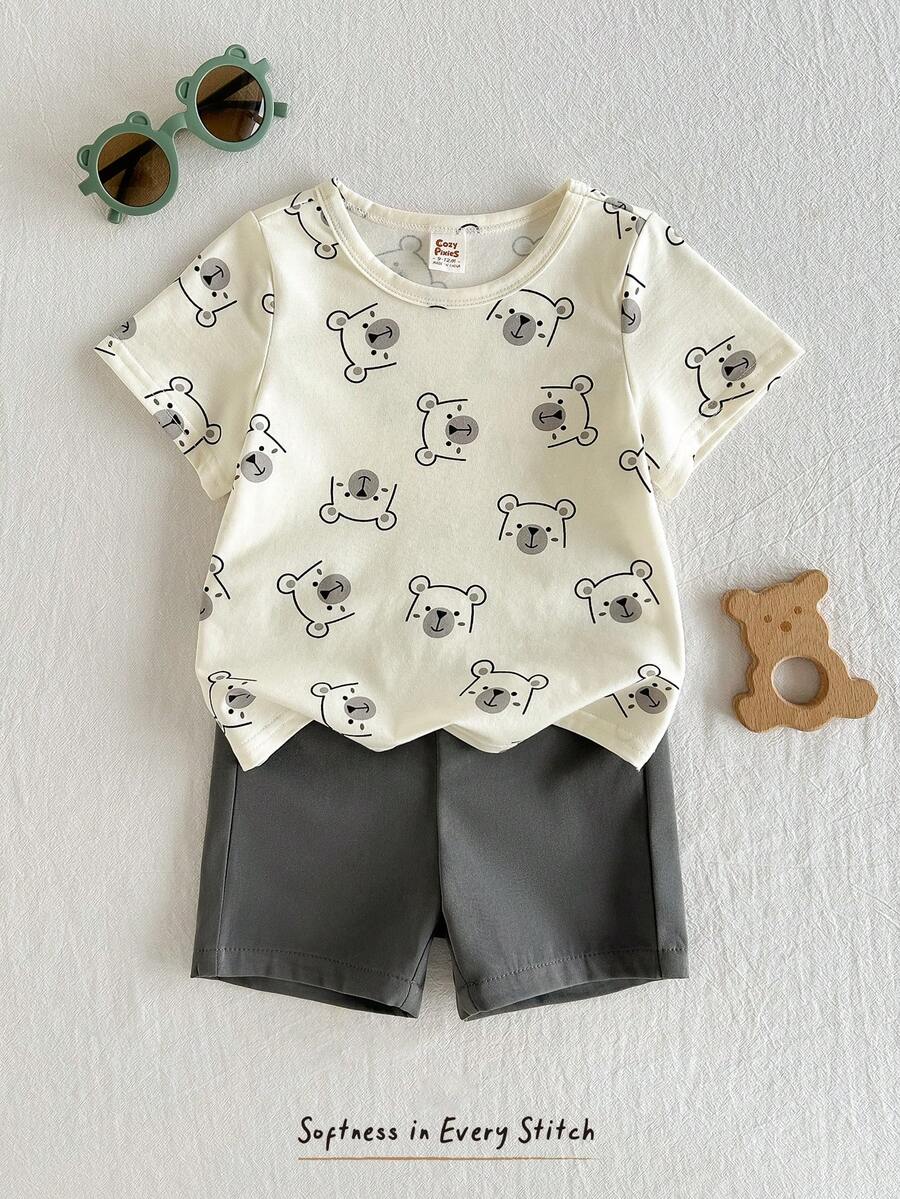 Cozy Pixies 2pcs Baby Boy Truck Pattern Knit Soft Round Neck Short Sleeve Pullover Top And Solid Color Elastic Waist Shorts Set - Multicolor - View 1