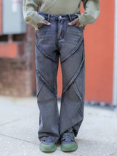 BelSigned BelSigned 1件男士做旧复古水洗解构拼接阔腿牛仔裤（产品不含腰带和配饰）