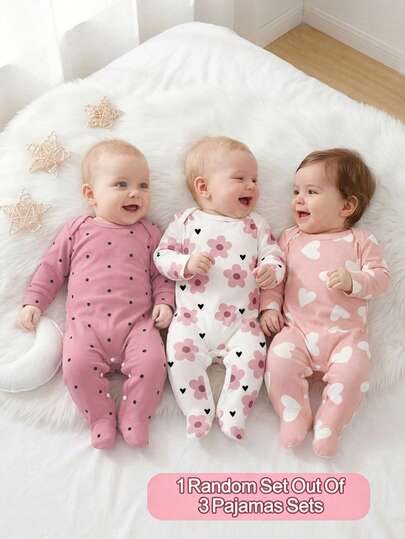 SHEIN [Random 3 Sets, Send 1 Set] Cute Heart All-Over Print, Artistic Floral Print, Pink Polka Dot Print, Newborn Romper Jumpsuit, Comfortable And Convenient, Spring/Summer Soft Casual Pajamas Set, Makes Baby Look Adorable And Lively, Soft And Comfortable Fabric, Provides Motherly Embrace Feeling For Newborns.