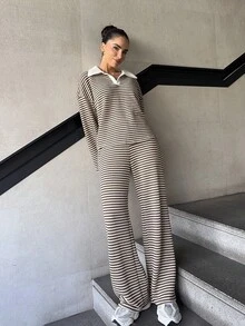 Marta Soriano Conjunto de 2 piezas para mujer con camiseta de manga larga de hombros caídos de cuello en V a rayas y pantalones a rayas de cintura elástica, traje de suéter de invierno, otoño/invierno - Marrón - Ver 6