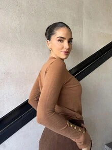 Marta Soriano All-Match Round Neck Casual Versatile Long Sleeve Knit Sweater For Women Brown Long Sleeve Top Brown Tops For Women Coffee Brown Top Brown Blouses Earthy Tops - Camel - View 6