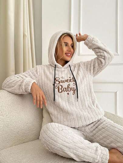 WovenCharm Women's Hooded Pajama Top With Slogan Embroidery