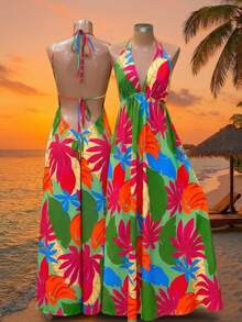 Lunelith SHEIN Lunessa 女士吊带露背V领系带腰部喇叭连衣裙 - 彩色 - 查看 1