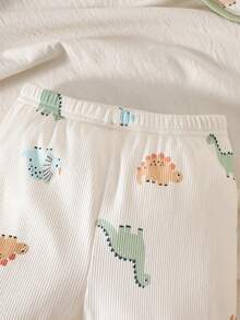 SHEIN 5pcs/Set Newborn Baby Boy Summer Cute Dinosaur Print Knit Soft Romper + All-Over Print Pants + Hat + Bib + Gloves - Green - View 8