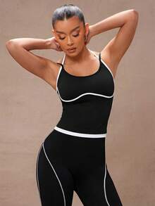 Lumalex 时尚简约黑白撞色方领吊带女士运动T恤 - 黑色 - 查看 6