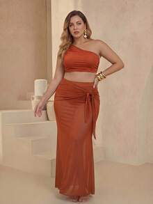 Swim Oasis 大码单肩高腰吊带泳衣套装，带网纱裹裙，三件套度假泳装 - 棕色 - 查看 1