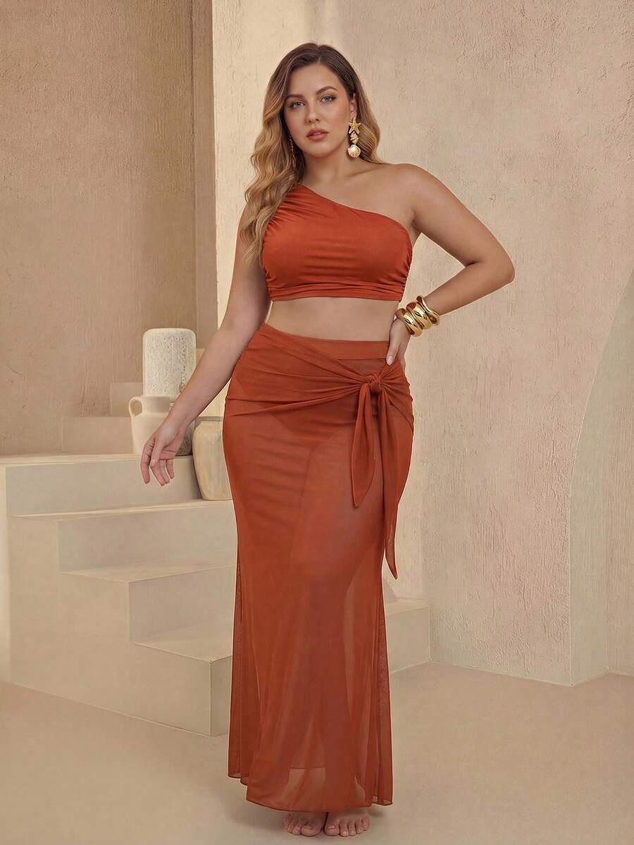 Swim Oasis 大码单肩高腰吊带泳衣套装，带网纱裹裙，三件套度假泳装 - 棕色 - 查看 1