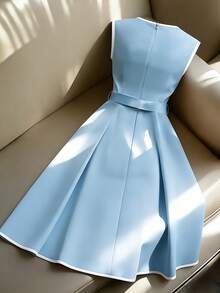 Franclia 休闲简约百搭方领无袖撞色滚边收腰连衣裙，米色，春夏款 - 淺藍色 - 查看 2